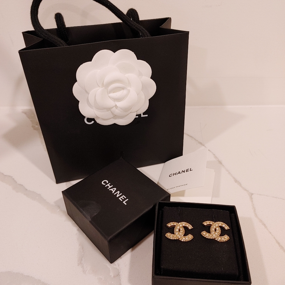 Chanel Crystal CC Gold Stud Earrings Gold